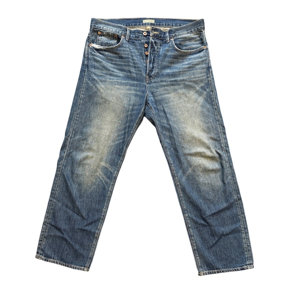 Hey Gang Mens Straight Leg Button Fly Blue Denim Jeans USA Distressed 38x27.5